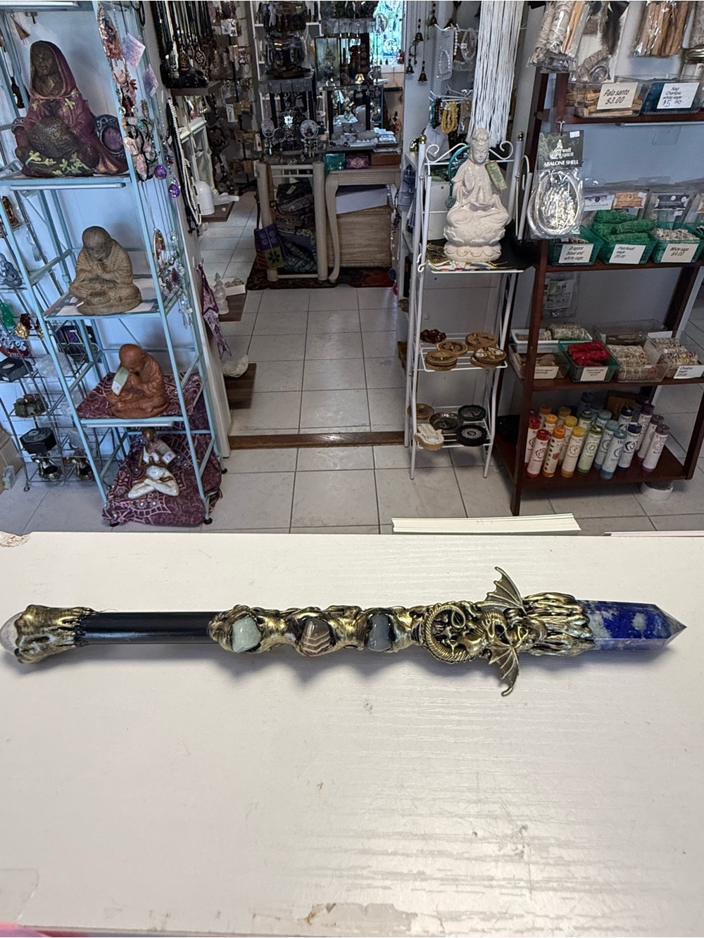 Brass Dragon Crystal Wand with Lapis Tip
